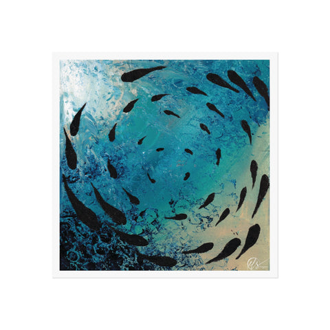 Artistic depiction of fish swimming against a blue and white abstract background with textured fractals by hlsdesigner