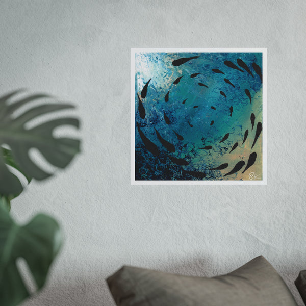 Abstract art print depicting a black fish shoal swimming under the ocean surface with blue, cream, gold and white sun reflecting through the ocean surface by HLSdesigner.