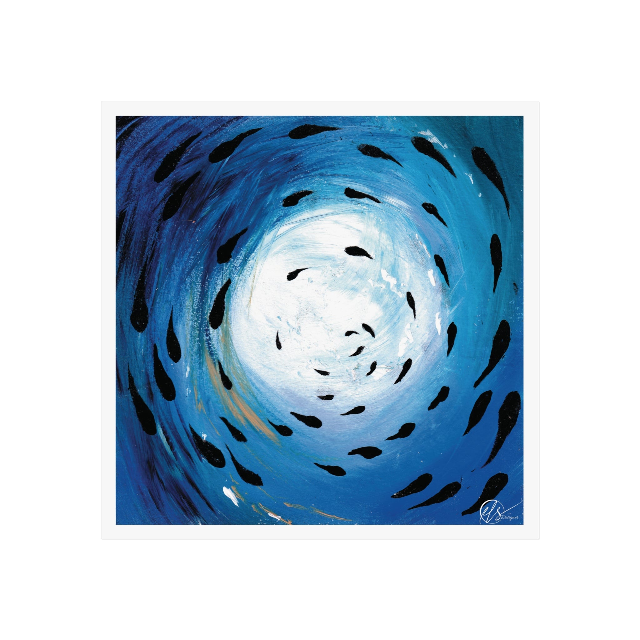 Artistic depiction of a blue spiral with black fish swimming inside on a white background. Hlsdesigner