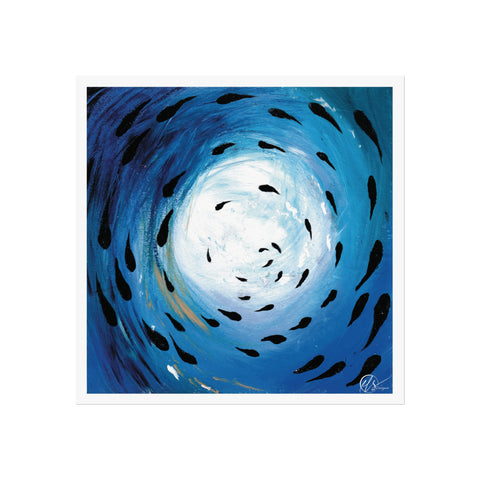 Artistic depiction of a blue spiral with black fish swimming inside on a white background. Hlsdesigner