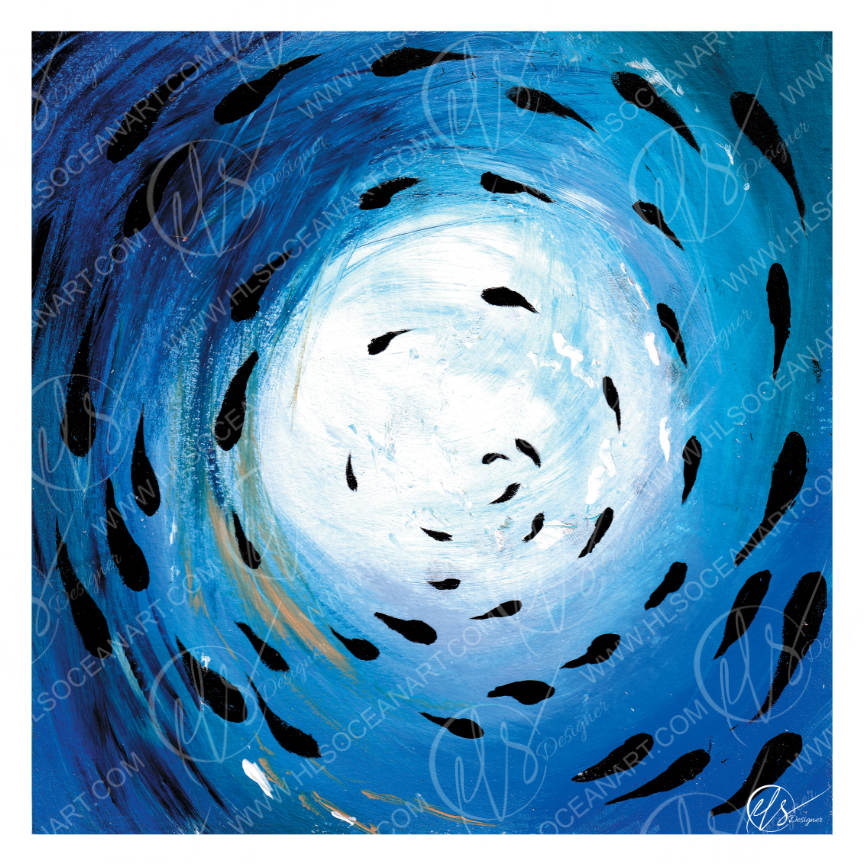 Abstract square painting featuring a swirling blue and white vortex with scattered black teardrop-like abstract shapes depicting fish shoaling around under the sea, presented on a white background with visible watermark text. Designed and made by Hannah Singleton at HLSdesigner, coastal and ocean inspired artist from Cornwall