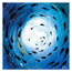 Abstract square painting featuring a swirling blue and white vortex with scattered black teardrop-like abstract shapes depicting fish shoaling around under the sea, presented on a white background with visible watermark text. Designed and made by Hannah Singleton at HLSdesigner, coastal and ocean inspired artist from Cornwall