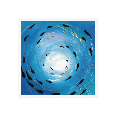 Artistic depiction of fish swimming in a circular motion through blue water with gold accents and white pulling down from the ocean surface by HLSdesigner