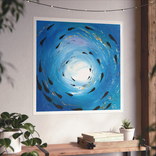 Abstract artwork of a blue spiral with fish swimming under the ocean on a white wall above a wooden shelf. By hlsdesigner
