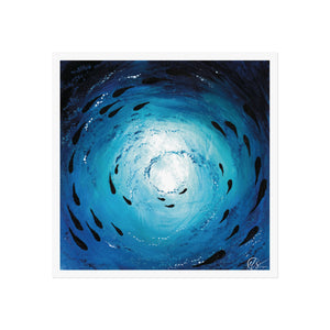 Artistic depiction of a blue spiral with black abstract shapes of fish shoaling through the ocean on a white background. Art print by hlsdesigner