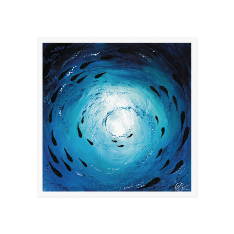 Artistic depiction of a blue spiral with black abstract shapes of fish shoaling through the ocean on a white background. Art print by hlsdesigner