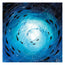 Fish shoal 7, abstract fine art print featuring black fish shapes swimming around under the sea surface, light reflecting through the tiny droplets where expressionist brushstrokes guide the viewer to follow the whirlpools movement. Designed in a dark indigo and aqua blue finished with white bubbles. Watermarked, painted and designed to print by HLSdesigner. Hannah Singleton fine artist from Cornwall