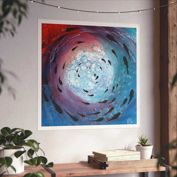 Abstract painting of fish swimming in a circular pattern on a wall above a wooden shelf with books and plants.
