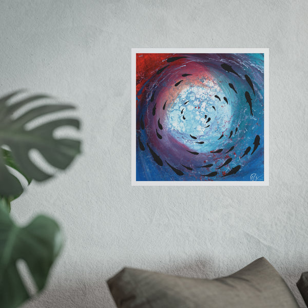 Colourful abstract painting of a fish shoal under the ocean with a multi colour background and a textured overlay displayed on a wall with a plant and cushion in the foreground. Hlsdesigner