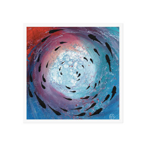 Artistic depiction of fish swimming in a swirling, multi-coloured vortex. Red, pink, teal, blue and violet depicting a deep sunset above the ocean surface and black fish swirling in a shoal below the ocean, painted by hlsdesigner