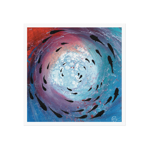 Artistic depiction of fish swimming in a swirling, multi-coloured vortex. Red, pink, teal, blue and violet depicting a deep sunset above the ocean surface and black fish swirling in a shoal below the ocean, painted by hlsdesigner