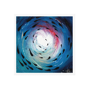 Abstract artwork with swirling blue, red and white design depicting a deep vortex under ocean with black fish style shapes swimming under the ocean surface with white and gold highlights made by hlsdesigner displayed on a white background