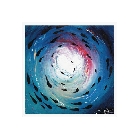 Abstract artwork with swirling blue, red and white design depicting a deep vortex under ocean with black fish style shapes swimming under the ocean surface with white and gold highlights made by hlsdesigner displayed on a white background