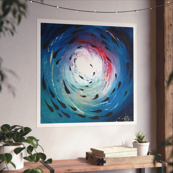 Unframed abstract artwork with swirling colours on a wall above a wooden shelf. Black fish shoal swimming around under the sea within a swirl of a blue ocean vortex by HLSdesigner 