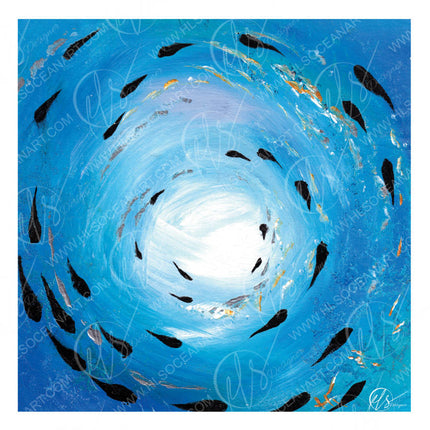 Fish shoal 6 - series of 12 shoal prints from abstract paintings by HLSdesigner. Hannah Singleton a cornwall based ocean inspired artist. This print features a shoal of fish swimming under water where light reflects through the sea. Finished with accents of gold and silver hues to depict light and watermarked hlsoceanart.