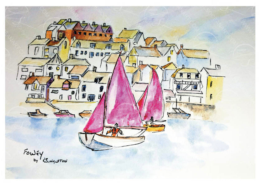 R singleton artist created a watercolour study of the fishing village of Fowey, featuring yacht racing and the vibrant town behind it, taken from the view of the ferry port opposite, finished with washes of vibrant colours. Painted originally by Robert Singleton in a contemporary form using washes of colour and negative space. Reproduced exclusively by HLSdesigner