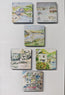 A set of square magnets featuring colourful watercolour and sketch illustrations of coastal landscapes, boats, and seaside buildings, displayed on a white wall. Cornwall tons and beaches painted by R Singleton and reproduced into magnets exclusively at HLSdesigner in cornwall. This range features magnets of Polperro, padstow, Porth beach, Newquay and more