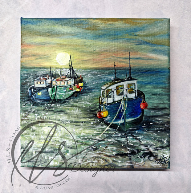 Original il painting depicting fish trawler boats on the harbour entrance, moored to the shore, ropes trailing to the beach where the clear water laps underneath the hull of the boats. painted in cool tones for a relaxing vibe. Painted by Hannah Singleton - Cornwall based fine artist and owner behind HLSdesigner