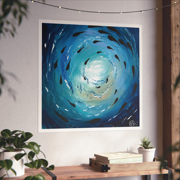 Unfamed abstract artwork of a blue spiral with fish depicting a fish shoal in a vortex of deep blue under the ocean surface by hlsdesigner on a wall above a wooden console table.