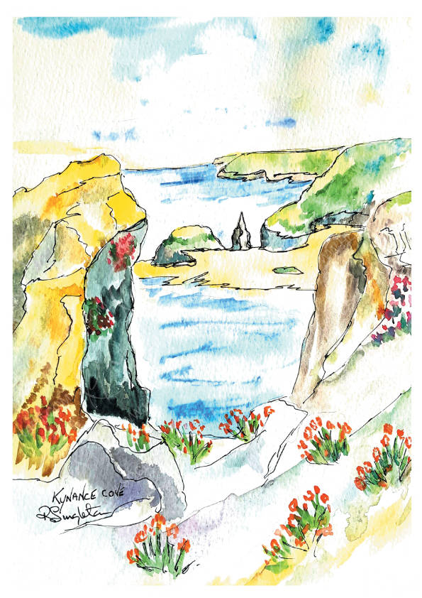 Bright vivid colouration of watercolour wash techniques paired with lashings of linear focal points from fine tip liners compliment this modern and contemporary study of the famous Kynance Cove in Cornwall. Originally painted by R Singleton - this study has been reproduced as tribute in order to keep his artworks alive in the future. A beautiful collectors piece to those that love this fantastic and picturesque location, whether local or visiting, place your memories in your home of this wonderous place.
