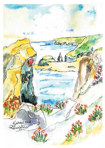 Bright vivid colouration of watercolour wash techniques paired with lashings of linear focal points from fine tip liners compliment this modern and contemporary study of the famous Kynance Cove in Cornwall. Originally painted by R Singleton - this study has been reproduced as tribute in order to keep his artworks alive in the future. A beautiful collectors piece to those that love this fantastic and picturesque location, whether local or visiting, place your memories in your home of this wonderous place.