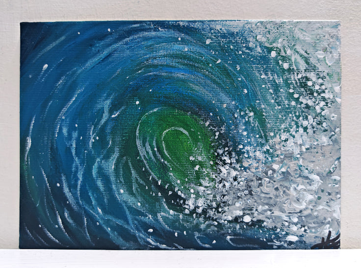 Barrel wave series - a collection of miniature original paintings on small canvas boards with signed back and certificate. Painted by Hannah Singleton owner and artist of HLSdesigner - depicting a close up study of a wave crashing against the barrel opening as it curves around toward the ocean surface.