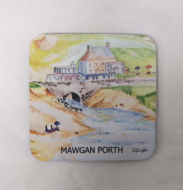 A square wooden coaster with a cork back and a high gloss finish featuring a print of Mawgan Porth beach in Cornwall - one of the watercolour paintings by R Singleton, reproduced by HLSdesigner in tribute. Image focuses on the contemporary sketch of the Merrymoor inn pub and the bridge that the stream flows under back into the ocean from the beach. 