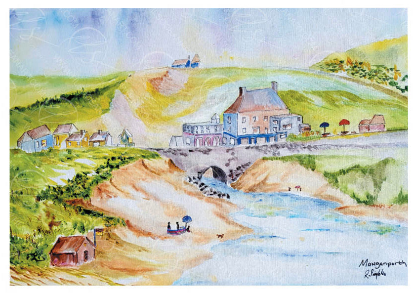 Colourful watercolour painting of a coastal scene with houses and a road. Featuring the famous Merrymoor Inn overlooking the beach from the ocean point of view with the blue fish bar positioned next to it and the depiction of the beautiful historic single track road bridge leading to the river Menalhyl beyond the carpark. Created by R Singleton using mixed media and sketch style techniques, reproduced in tribute by HLSdesigner
