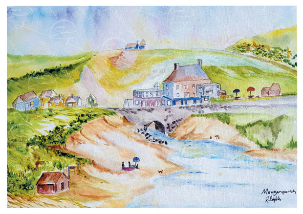 Colourful watercolour painting of a coastal scene with houses and a road. Featuring the famous Merrymoor Inn overlooking the beach from the ocean point of view with the blue fish bar positioned next to it and the depiction of the beautiful historic single track road bridge leading to the river Menalhyl beyond the carpark. Created by R Singleton using mixed media and sketch style techniques, reproduced in tribute by HLSdesigner