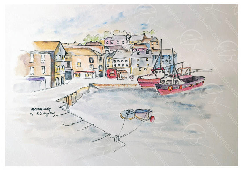 Mevagissey is a renowned town for the fishing industry, a historic village known for its cobble streets and small village stores. This artist study of mevagissey captures the old town and the boats part of the harbour below. if you love Meva, you would love this depiction of old untouched Cornish life on paper by R.Singleton.

This was created using a linear artist study followed by flourishes of bright water colour washes to bring the study to life.