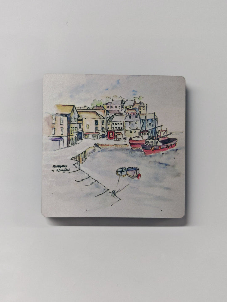 watercolour painting by R Singleton of the fishing village of Mevagissey in Cornwall. featuring washes of colour, linear pen and use of negative space throughout his work. Lovingly reproduced and hand pressed into magnets with a high gloss finish by HLSdesigner