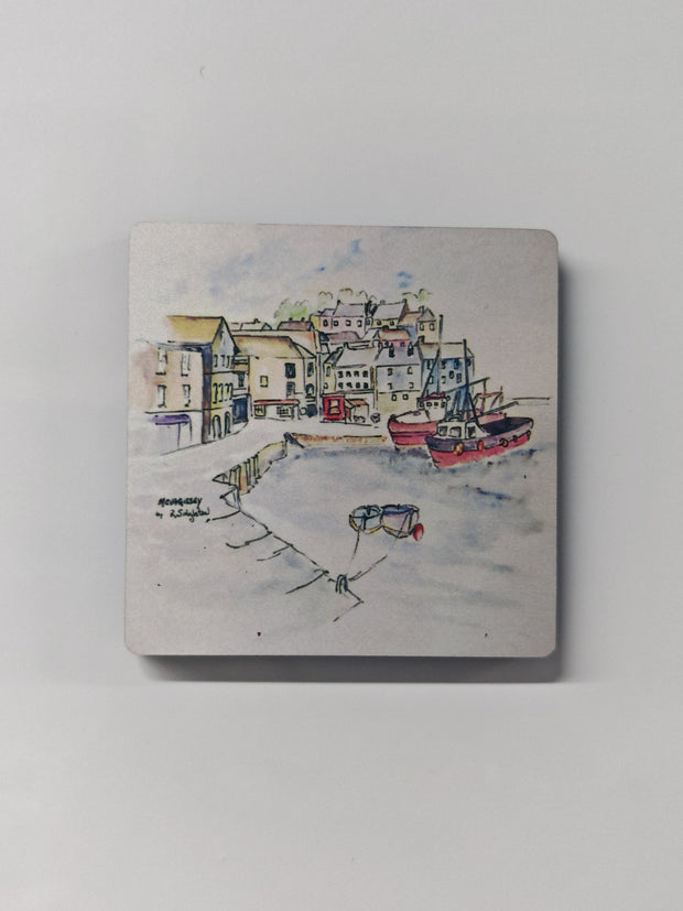 watercolour painting by R Singleton of the fishing village of Mevagissey in Cornwall. featuring washes of colour, linear pen and use of negative space throughout his work. Lovingly reproduced and hand pressed into magnets with a high gloss finish by HLSdesigner