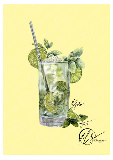 A stylized illustration of a tall clear cocktail glass filled with ice, garnished with lime slices, mint leaves, and a metal straw, on a pale yellow background with decorative script and monogram elements. This is the Mojito print by HLSdesigner. Designed using illustrative software, each brush stroke is meticulously blended to create a realistic yet stylised portrayal of a beautiful summer cocktail. Signed and named in a cursive handwritten 6B pen and watermarked with the HLSdesigner logo.