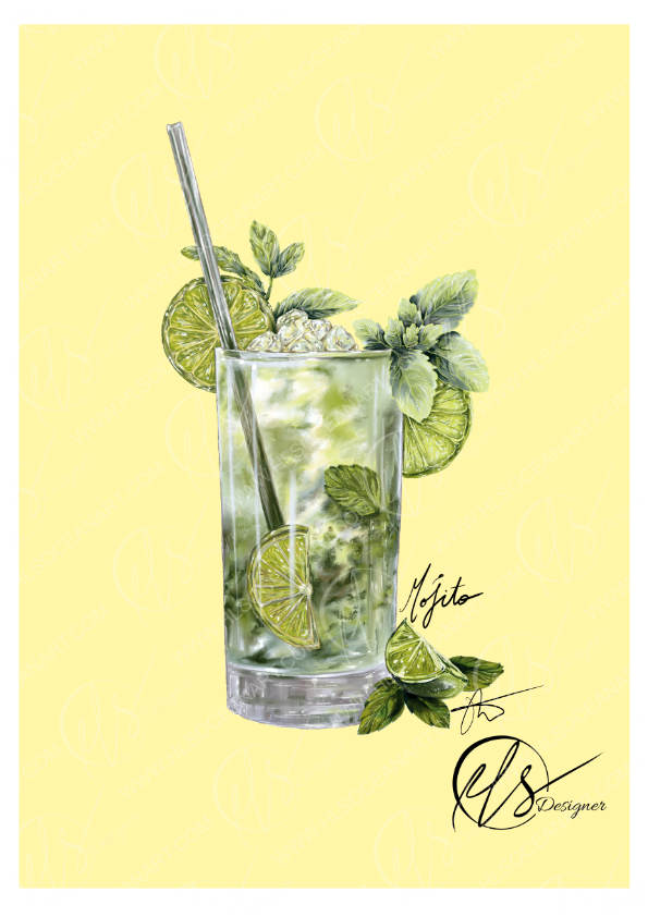 A stylized illustration of a tall clear cocktail glass filled with ice, garnished with lime slices, mint leaves, and a metal straw, on a pale yellow background with decorative script and monogram elements. This is the Mojito print by HLSdesigner. Designed using illustrative software, each brush stroke is meticulously blended to create a realistic yet stylised portrayal of a beautiful summer cocktail. Signed and named in a cursive handwritten 6B pen and watermarked with the HLSdesigner logo.