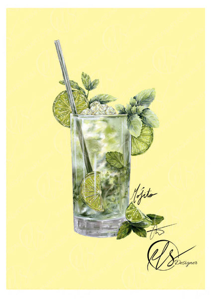 A stylized illustration of a tall clear cocktail glass filled with ice, garnished with lime slices, mint leaves, and a metal straw, on a pale yellow background with decorative script and monogram elements. This is the Mojito print by HLSdesigner. Designed using illustrative software, each brush stroke is meticulously blended to create a realistic yet stylised portrayal of a beautiful summer cocktail. Signed and named in a cursive handwritten 6B pen and watermarked with the HLSdesigner logo.