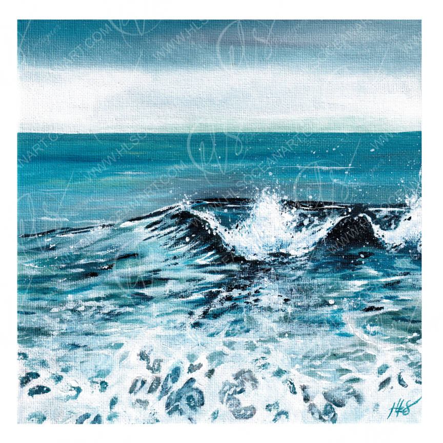 Art print of the ocean with a blue sky. DUSK TIDE a fine art print taken from a oil on canvas, the canvas texture will show on the art print as this depicts a reproduction of the original piece, a light dusk sky shining through the surface as the wave breaks to the right hand side of the painting with seafoam crashing on the pebbles at the shore of the beach by hlsdesigner.