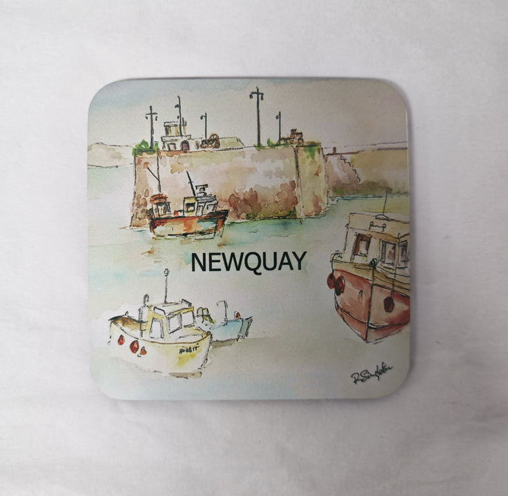 Newquay harbour cornwall coaster design printed from watercolour painting of Cornish scenes by R Singleton and hand printed by HLSdesigner in the exclusive collection. Fishing boats in a colour wash with contrasting linear contemporary style photographed on a white background