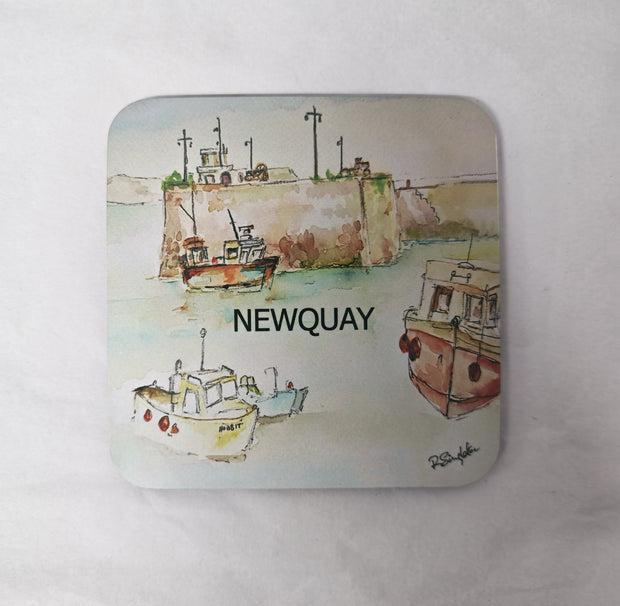 Newquay harbour cornwall coaster design printed from watercolour painting of Cornish scenes by R Singleton and hand printed by HLSdesigner in the exclusive collection. Fishing boats in a colour wash with contrasting linear contemporary style photographed on a white background