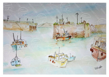 Watercolour painting of a harbour scene with several fishing boats anchored in front of large concrete breakwaters. The artwork features soft washes of light blue, beige, and muted orange, with a visible artist signature in the lower right corner. Originally painted by Robert Singleton from Cornwall and who lived in Newquay, his watercolour study of Newquay harbour captures the beauty of a stunning fishing village, the history and modern day as well as the working hour coming to an end as the boats moor up.