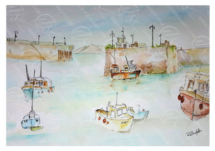 Watercolour painting of a harbour scene with several fishing boats anchored in front of large concrete breakwaters. The artwork features soft washes of light blue, beige, and muted orange, with a visible artist signature in the lower right corner. Originally painted by Robert Singleton from Cornwall and who lived in Newquay, his watercolour study of Newquay harbour captures the beauty of a stunning fishing village, the history and modern day as well as the working hour coming to an end as the boats moor up.