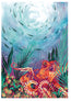 Vibrant underwater illustration featuring a large orange octopus among green seaweed and coral, with a school of small fish swimming in a swirling blue and white ocean scene. This is a fine art print by Hannah Singleton, fine artist and illustrator from Cornwall inspired by the ocean and underwater viewpoints. HLSdesigner