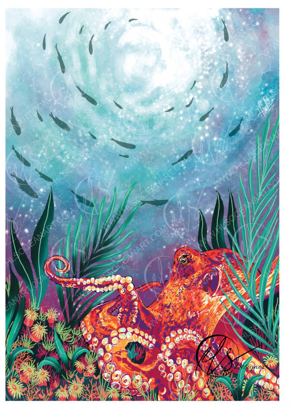 Vibrant underwater illustration featuring a large orange octopus among green seaweed and coral, with a school of small fish swimming in a swirling blue and white ocean scene. This is a fine art print by Hannah Singleton, fine artist and illustrator from Cornwall inspired by the ocean and underwater viewpoints. HLSdesigner