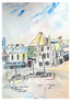 Watercolour painting of a coastal scene with houses and boats. the old custom house inn  in Padstow , Cornwall - depicted in watercolour and contemporary art style by R Singleton - late tribute art prints reproduced by HLSdesigner 