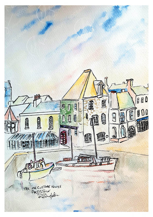 Watercolour painting of a coastal scene with houses and boats. the old custom house inn  in Padstow , Cornwall - depicted in watercolour and contemporary art style by R Singleton - late tribute art prints reproduced by HLSdesigner 