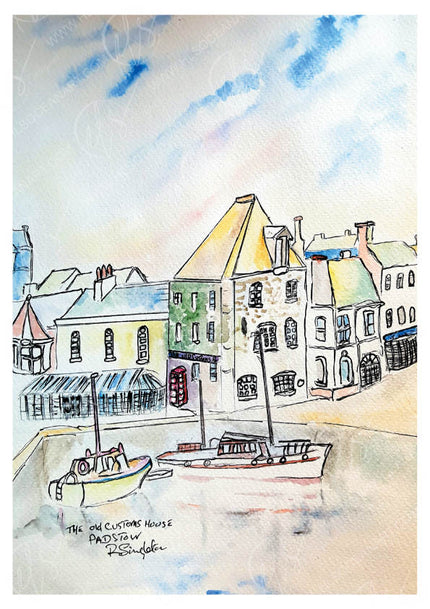 Watercolour painting of a coastal scene with houses and boats. the old custom house inn  in Padstow , Cornwall - depicted in watercolour and contemporary art style by R Singleton - late tribute art prints reproduced by HLSdesigner 