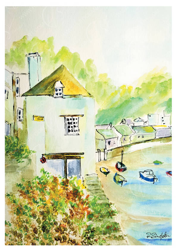 Watercolour painting by Robert Singleton - Contemporary and minimalist artist based in Cornwall - inspired by beautiful townscapes along the coast. Old watch house Polperro - A famous house and popular visiting destination, featuring small fishing boats in the harbour as the tide lowers down. The village portrayed in abstract form behind. A beautiful modern piece of art focusing on colour washes and linear styling. Reproduced exclusively by HLSdesigner