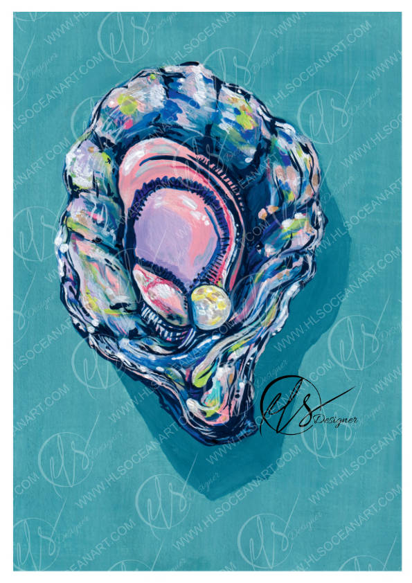 A colorful pop-art style illustration of an oyster shell on a teal background, with visible watermark text across the artwork and a signature near the lower right. Originally painted using gouache, leaving the overall look with a vibrant and textured style. Colourful shades of lemon yellow sits alongside pale pinks an oyster blue with a detailed shadow creating a 3d effect. Painted and reproduced into fine art prints by Hannah Singleton, fine artist of HLSdesigner, ocean and seafood inspired artist cornwall