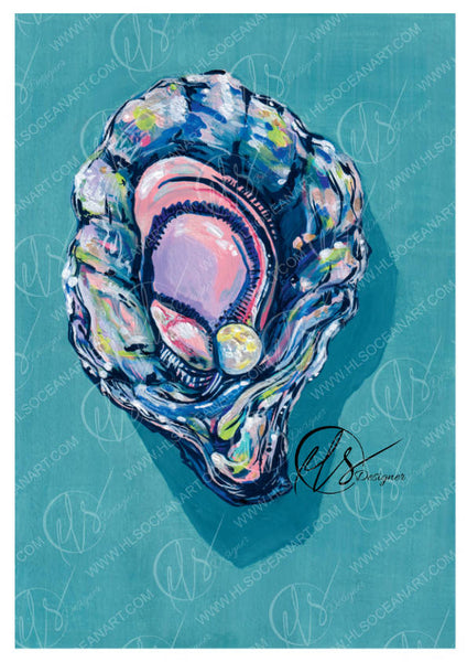 A colorful pop-art style illustration of an oyster shell on a teal background, with visible watermark text across the artwork and a signature near the lower right. Originally painted using gouache, leaving the overall look with a vibrant and textured style. Colourful shades of lemon yellow sits alongside pale pinks an oyster blue with a detailed shadow creating a 3d effect. Painted and reproduced into fine art prints by Hannah Singleton, fine artist of HLSdesigner, ocean and seafood inspired artist cornwall