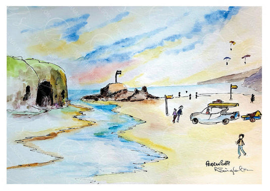 Perranporth beach, Loved by surfers from all walks of life. A popular tourist destination complete with high dunes and beautiful natural scenery, from cliffs to the picturesque views of the open ocean, swimmers and beach goers complete with an onsite bar called the Wateringhole

This depiction of a view from the popular beach is focusing on the channel of water that runs opposite and into the ocean, between the iconic flagged landmark to the left of the beach itself.  Created by Robert singleton artist