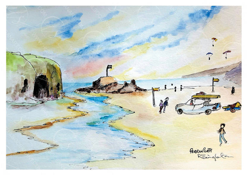 Perranporth beach, Loved by surfers from all walks of life. A popular tourist destination complete with high dunes and beautiful natural scenery, from cliffs to the picturesque views of the open ocean, swimmers and beach goers complete with an onsite bar called the Wateringhole

This depiction of a view from the popular beach is focusing on the channel of water that runs opposite and into the ocean, between the iconic flagged landmark to the left of the beach itself.  Created by Robert singleton artist